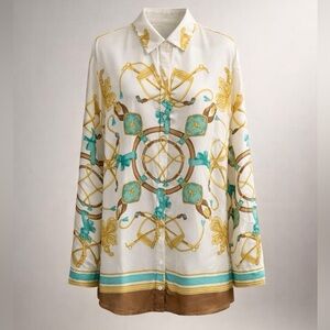 J.McLaughlin Silk Blend Collared Button Down, gold/teal equestrian print, XL,EUC